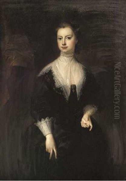 Portrait Of A Lady In Van Dyck Masquerade Dress, Beside A Red Curtain Oil Painting by George Knapton