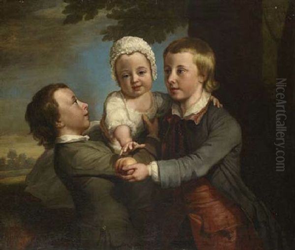 Group Portrait Of Three Children In A Wooded Landscape, The Eldest Holding A Peach Oil Painting by George Knapton