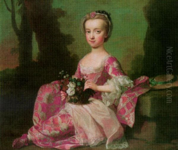 Portrait Of A Child Seated In A Landscape, Wearing An Embroidered Dress, Holding A Basket Of Flowers by George Knapton