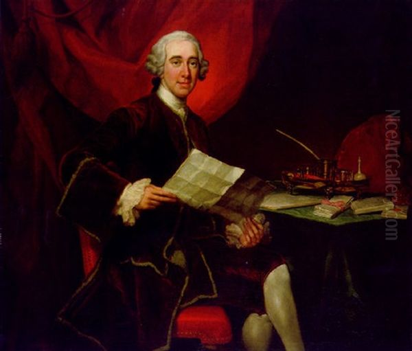 Portrait Of Robert Darcy, Fourth Earl Of Holderness, In A Dark Red Coat With Green Trim, Holding A Letter, At A Desk Oil Painting by George Knapton