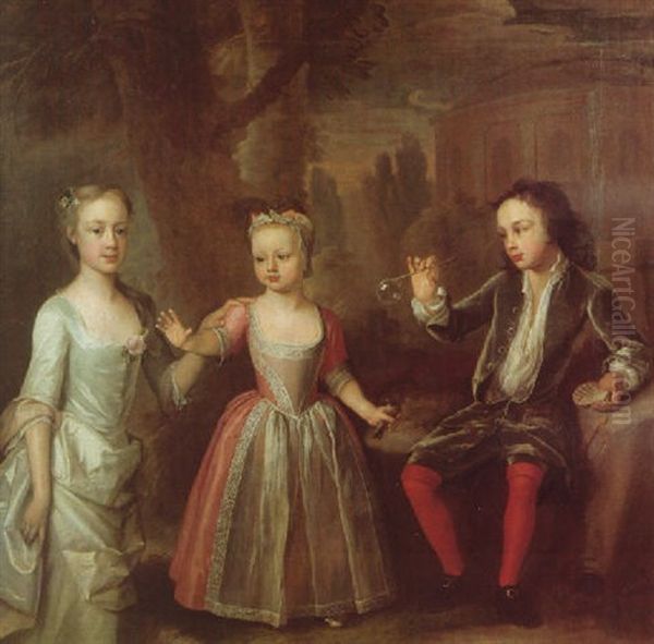 Portrait Of A Boy Wearing A Green Coat And Breeches With Red Hose, Blowing Bubbles With His Two Sisters Dressed In Green Oil Painting by George Knapton