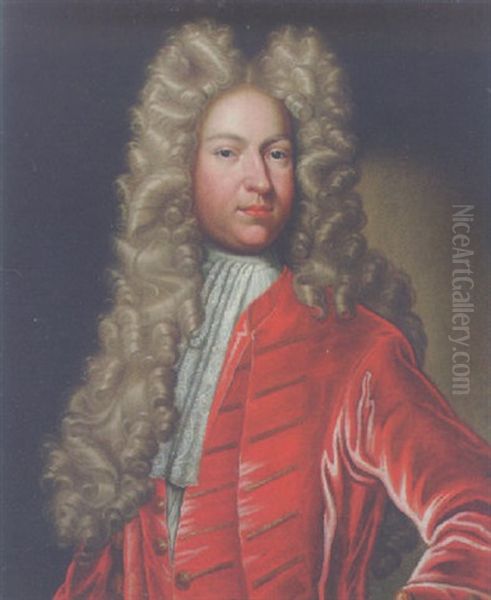 Portrait Of A Gentleman (edward Graham?) In A Red Coat And Waistcoat With A White Jabot Oil Painting by George Knapton