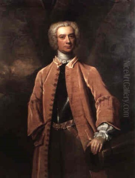 Portrait Of A Gentleman Believed To Be Captain The Hon.     John Crosby Standing Three Quarter Length Wearing A Breast Oil Painting by George Knapton