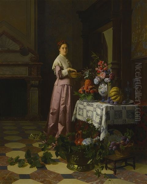 An Interior With Fruit And Flowers Oil Painting by Petrus Renier Hubertus Knarren