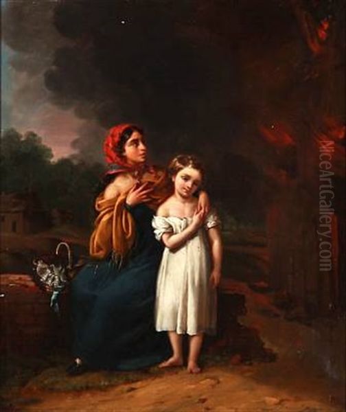 Mother And Child Near A Burning House Oil Painting by Petrus Renier Hubertus Knarren