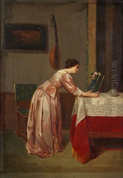 Interieur Anime D'une Femme Devant Une Table Oil Painting by Petrus Renier Hubertus Knarren