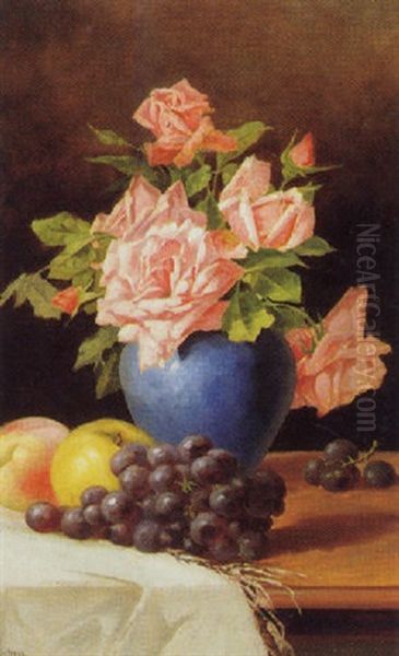 Rosenbluten In Blauer Vase Mit Trauben, Apfel Und Pfirsich Oil Painting by Paul Knauer-Hase