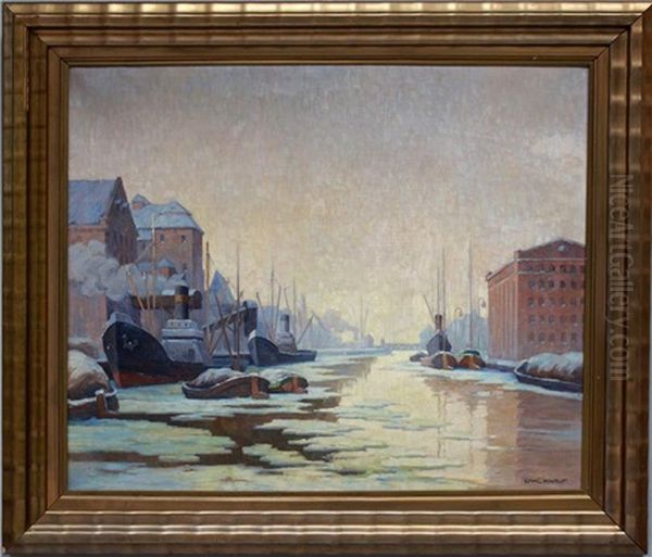 Winterlicher Kanallauf Mit Eisschollen Im Hafen Oil Painting by Carl Knauf