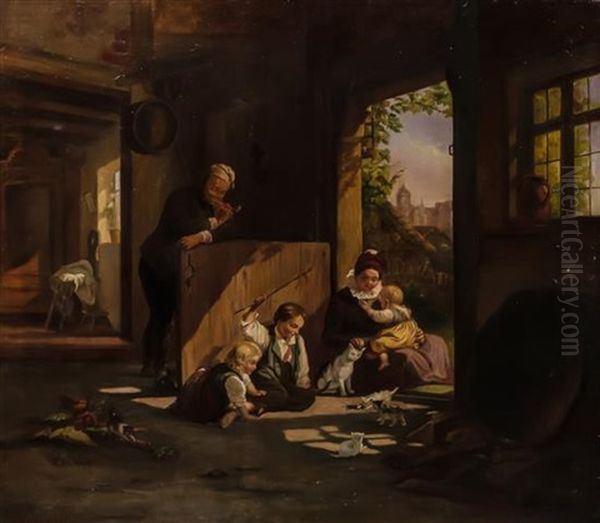 Children Playing With Kittens And Mice Oil Painting by Ludwig Knaus