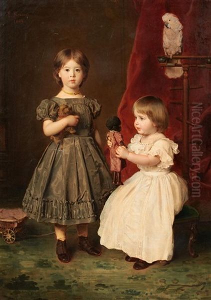 Doppelportrat Der Tochter Des Kunstlers, Marie Und Hedwig Knaus Oil Painting by Ludwig Knaus