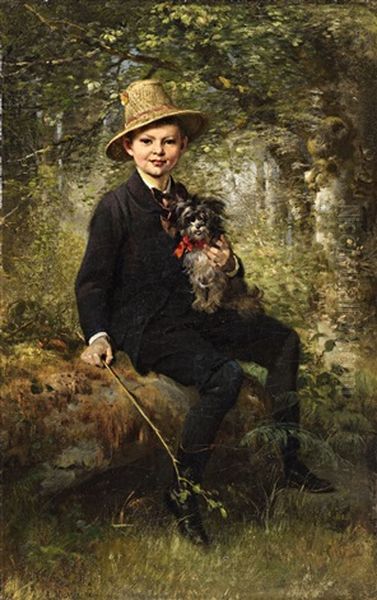 Portrait Of A Boy With A Dog In A Forest Oil Painting by Ludwig Knaus