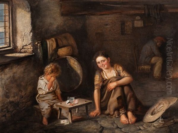 The Card Game Oil Painting by Ludwig Knaus