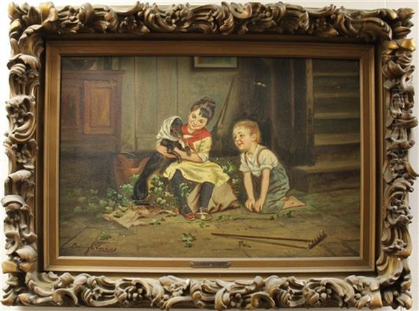 Boy & Girl With Dachshund Oil Painting by Ludwig Knaus