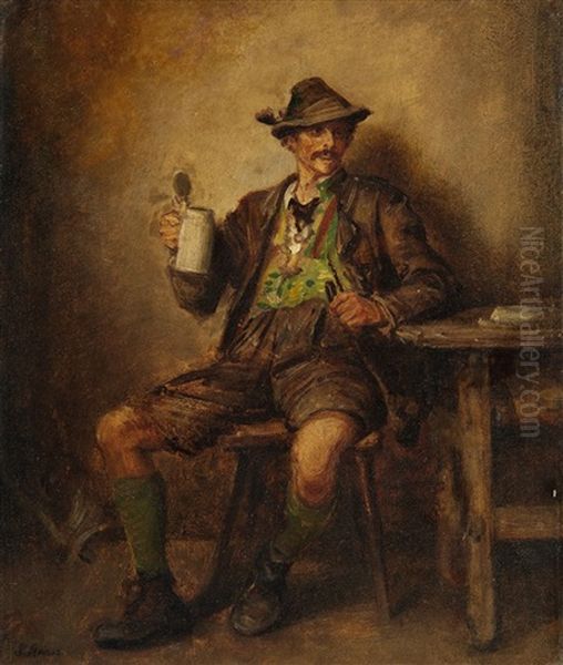 Tyrolean Peasant With A Beer Mug And Pipe Oil Painting by Ludwig Knaus