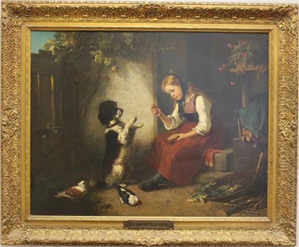 Young Girl With Dog Oil Painting by Ludwig Knaus