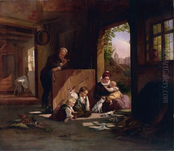 Interior Genre Scene Showing Children Playing With Kittens And Mice Oil Painting by Ludwig Knaus