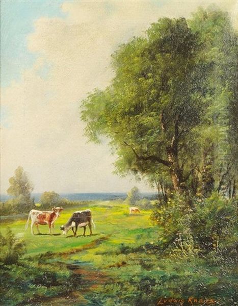 Cows Grazing In A Pastoral Scene Oil Painting by Ludwig Knaus