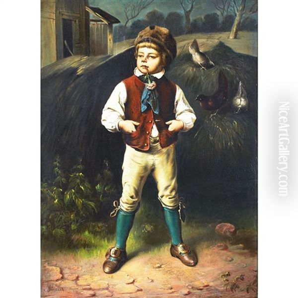 Boy In A Farmyard With Pigeons; Boy With Turnips In A Root Cellar (pair) Oil Painting by Ludwig Knaus