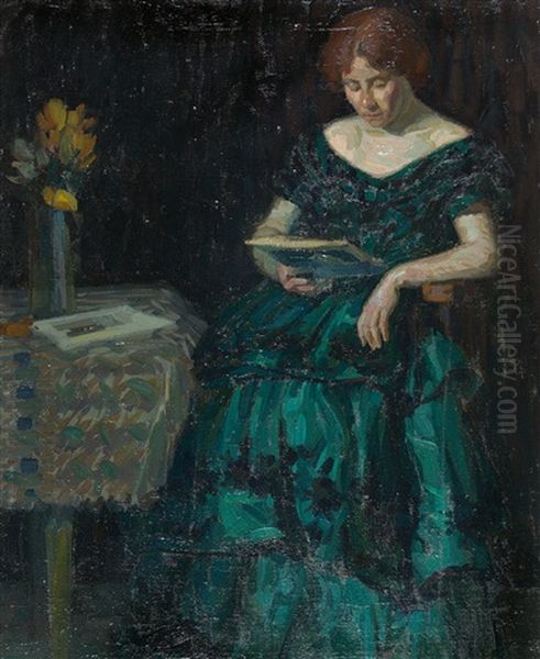 Lesende Frau In Grunem Kleid Oil Painting by Ludwig Knaus