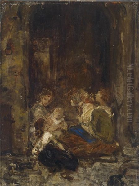 Mutter Mit Kindern (study) Oil Painting by Ludwig Knaus