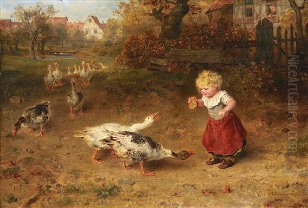 Kleines Madchen Futtert Mit Einem Stuck Brot Die Aufdringlichen Ganse by Ludwig Knaus