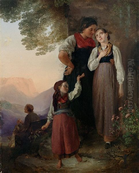 Vor Altem Gemauer Familienszene Mit Mutter Und Zwei Kindern In Tracht Oil Painting by Ludwig Knaus