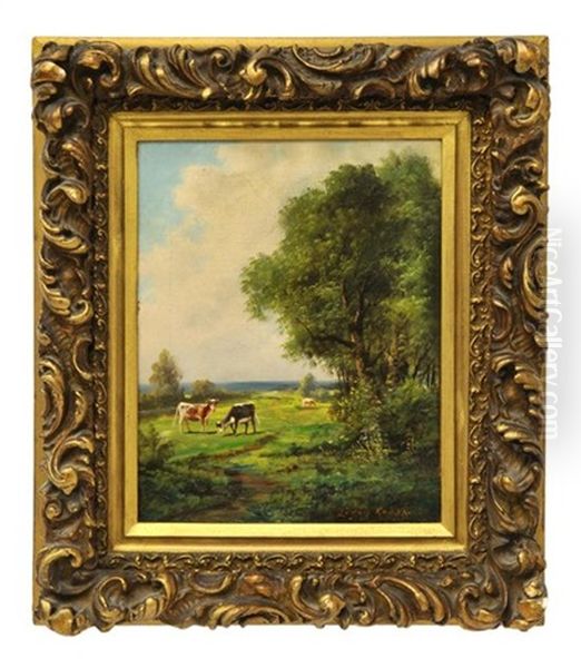 Untitled (grazing Cows In The Landscape) Oil Painting by Ludwig Knaus