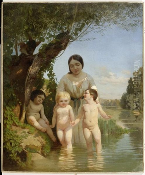 Mutter Mit Drei Kindern Am Fluss Oil Painting by Ludwig Knaus