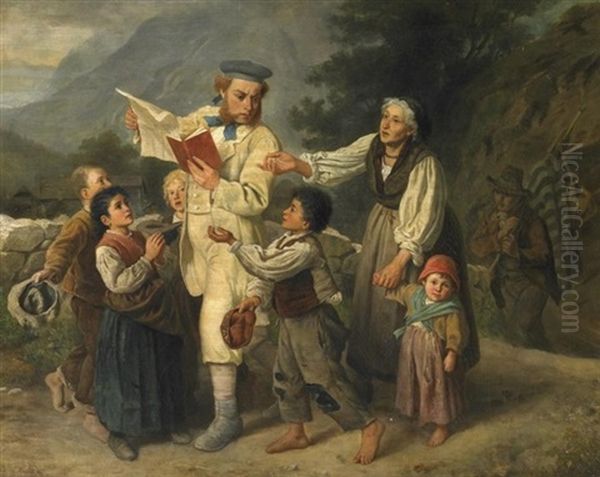 Der Conaisseur Auf Reisen. Eleganter Herr Auf Gebirgspfad, Von Einheimischen Kindern Und Greisin Umgeben Oil Painting by Ludwig Knaus