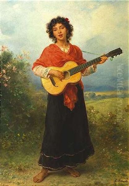 Gitarre Spielendes Madchen In Sudlandischer Kleidung Vor Sommerlichem Landschaftshintergrund Oil Painting by Ludwig Knaus