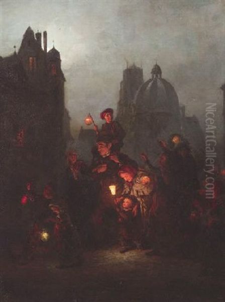 Abendlicher Martinszug In Dusseldorf Oil Painting by Ludwig Knaus