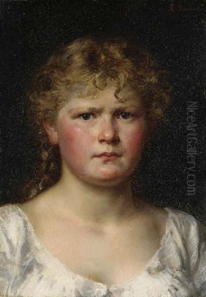 Head Of A Young Girl Oil Painting by Ludwig Knaus