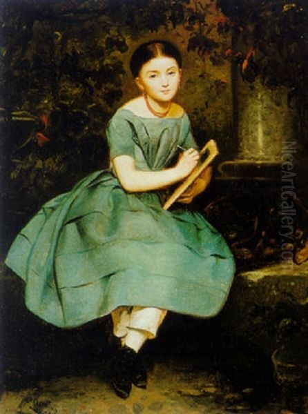 A Young Girl In A Blue Dress Oil Painting by Ludwig Knaus