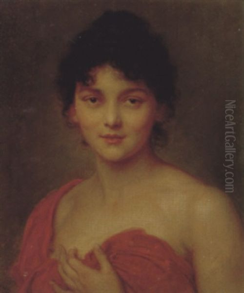 Portrait Of A Woman In Red Drapery by Ludwig Knaus