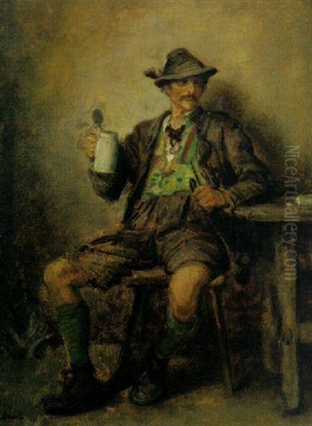 Sitzender Bauer In Tracht Mit Bierkrug Und Pfeife Oil Painting by Ludwig Knaus