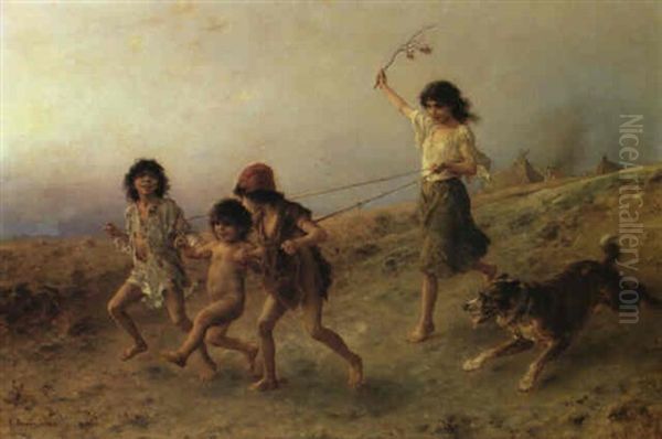 Vier Spielende Zigeunerkinder Mit Einem Hund, Im            Hintergrund Zelte Oil Painting by Ludwig Knaus