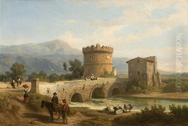 View Of The Lucano Bridge And The Plauti Sepulcher At Tivoli Oil Painting by Franz Knebel