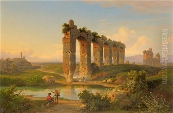 A Campagna Landscape With Fishermen And The Ruins Of Aqua Claudia Oil Painting by Franz Knebel