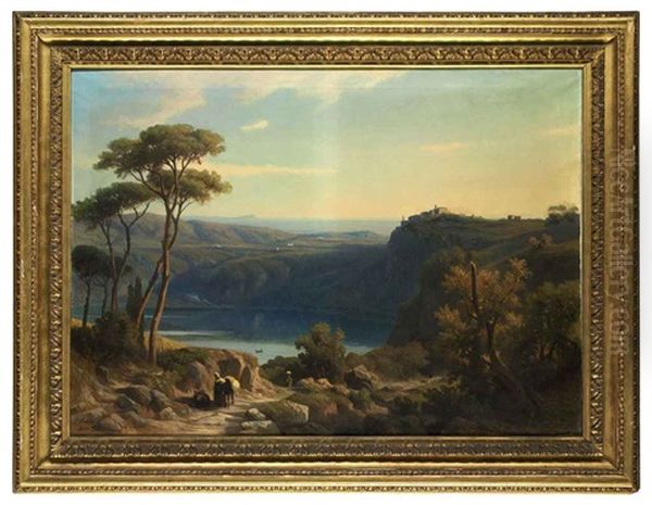 Wooded Landscape With Lake Albano, With Rural Figures And A Settlement Beyond Oil Painting by Franz Knebel