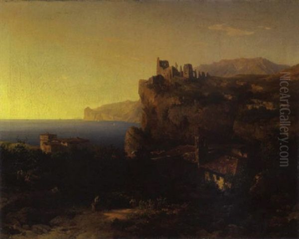 Veduta Del Lago Di Garda Con Il Castello Di Penede E L'abitato Di Nago Oil Painting by Franz Knebel