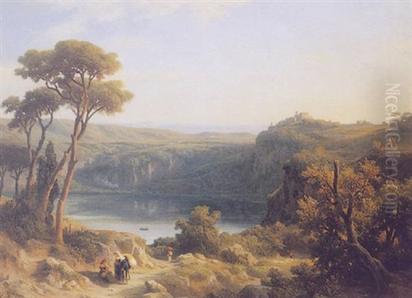 View Of Lake Nemi Oil Painting by Franz Knebel