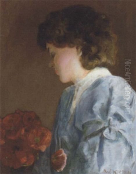 Portrait Of A Lady In Profile With Red Roses Oil Painting by William Kneen