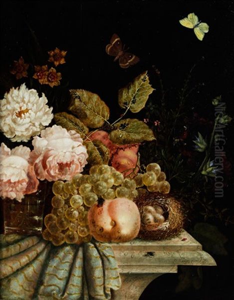 Stillleben Mit Blumen, Fruchten Sowie Vogelnest Und Insekten Oil Painting by Gebhard Kneip