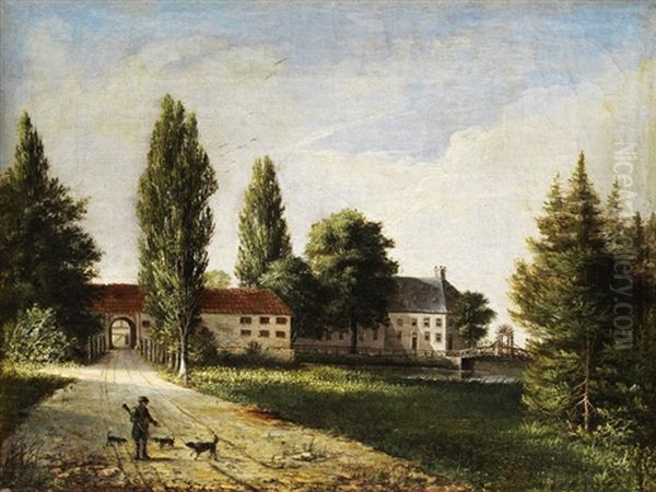 Muhlengebaude Unter Pappeln Mit Einem Jager Mit Seinen Jagdhunden by Johann Kneipp