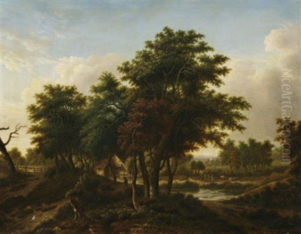 Romantische Waldlandschaft Mit Gehoft Und Wanderern Oil Painting by Johann Kneipp