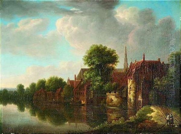 Blick Auf Ein Kleines Stadtchen, Das An Einem See Gelegen Ist Oil Painting by Johann Kneipp