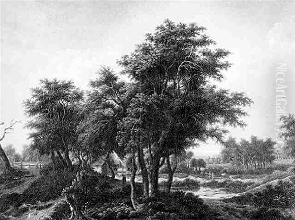 Romantische Waldlandschaft Mit Gehoft Und Wanderer, Rechts Schaf Und Ziege Auf Einer Weide Oil Painting by Johann Kneipp