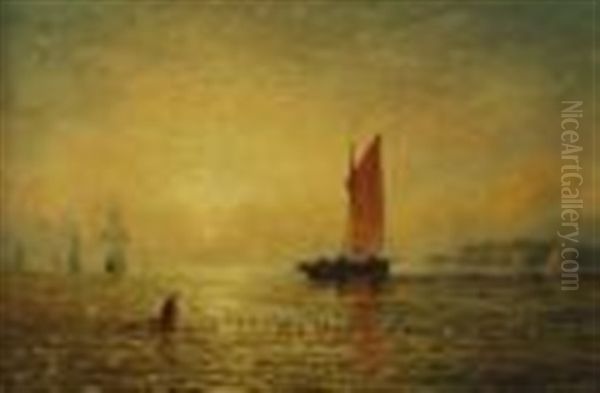 Shipping Along A Shore At Sunset Oil Painting by William Adolphus Knell