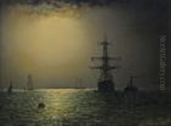 Shipping On Calm Seas By A Buoy Under A Moonlit Sky Oil Painting by William Adolphus Knell