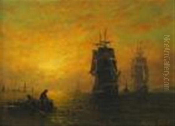 Shipping On Calm Seas With A Fisherman Pulliong In His Nets At Sunset Oil Painting by William Adolphus Knell